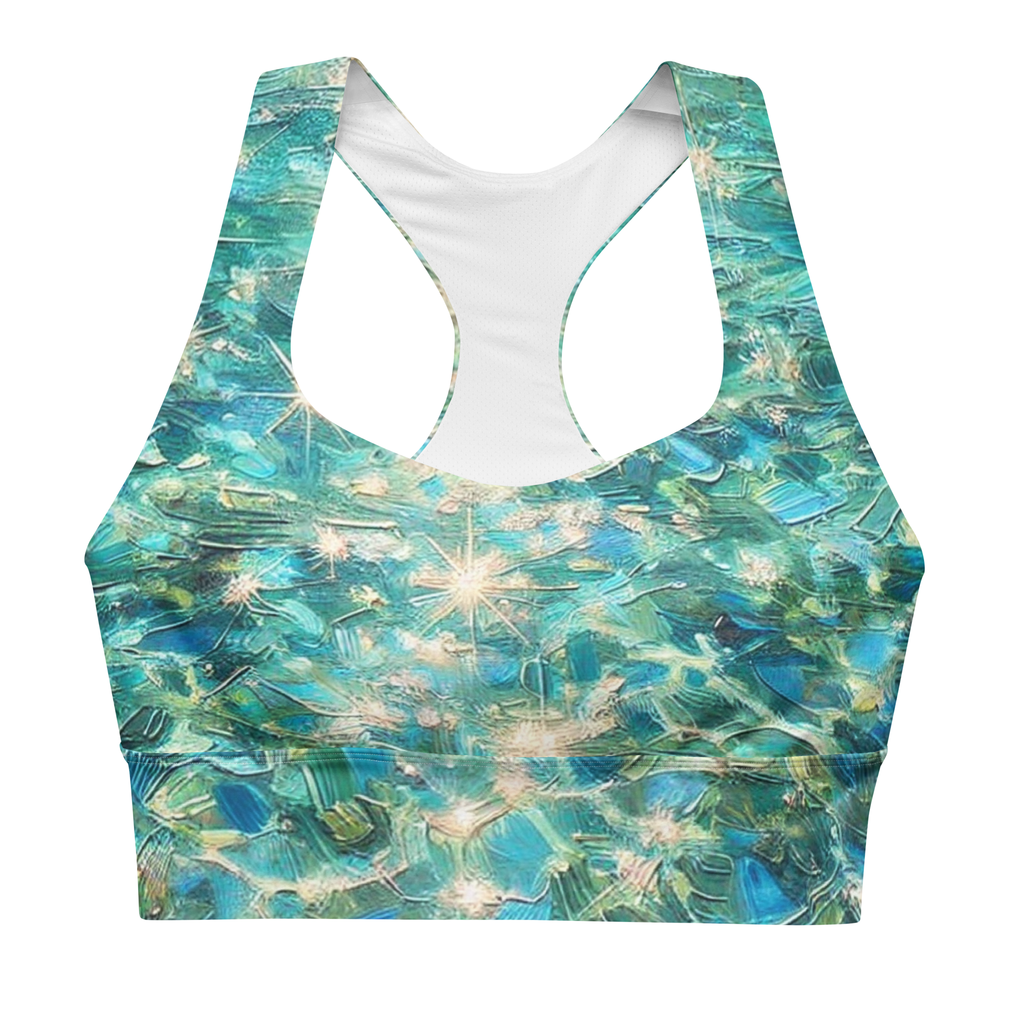 Bahamian Waters Impressionistic Sports Bra with turquoise ocean blue design, perfect for fitness and casual wear. Front view no model.