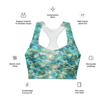 Bahamian Waters Impressionistic Sports Bra with turquoise ocean blue design, perfect for fitness and casual wear. No model.