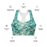 Bahamian Waters Impressionistic Sports Bra with turquoise ocean blue design, perfect for fitness and casual wear. No model.