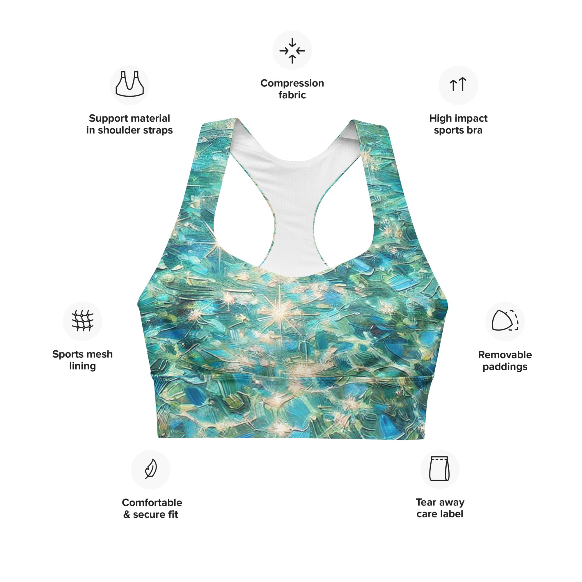 Bahamian Waters Impressionistic Sports Bra with turquoise ocean blue design, perfect for fitness and casual wear. No model.