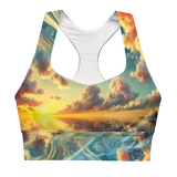 Bahamas Sunset Surreal Style Sports Bra with a unique sunset design for workout comfort. Front view no model.