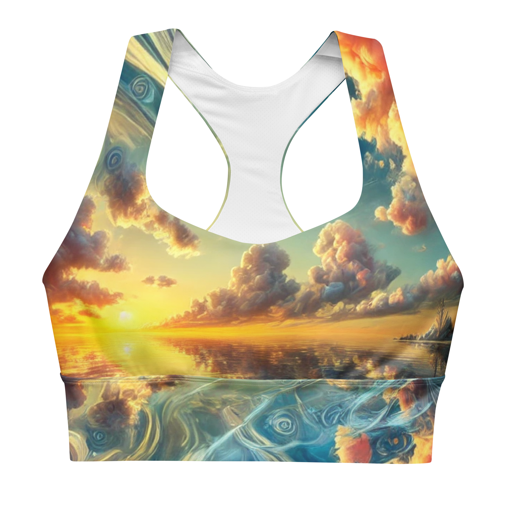 Bahamas Sunset Surreal Style Sports Bra with a unique sunset design for workout comfort. Front view no model.