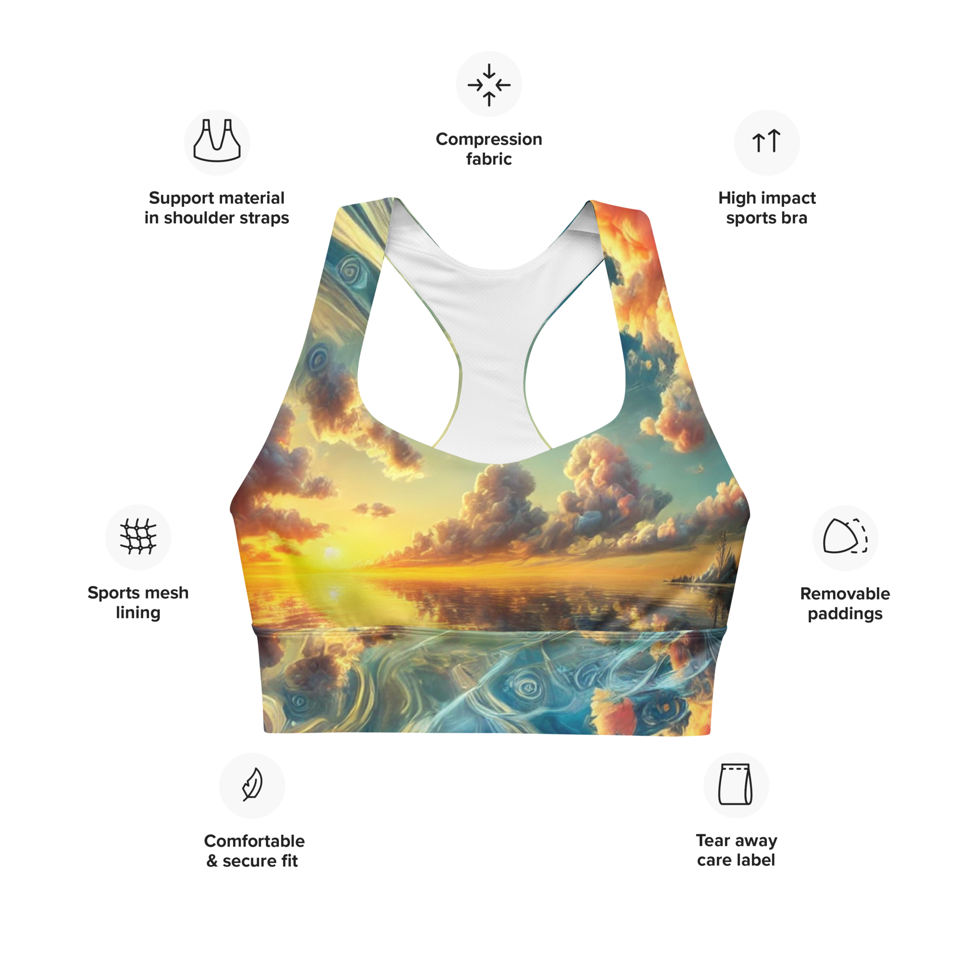 Bahamas Sunset Surreal Style Sports Bra with a unique sunset design for workout comfort.