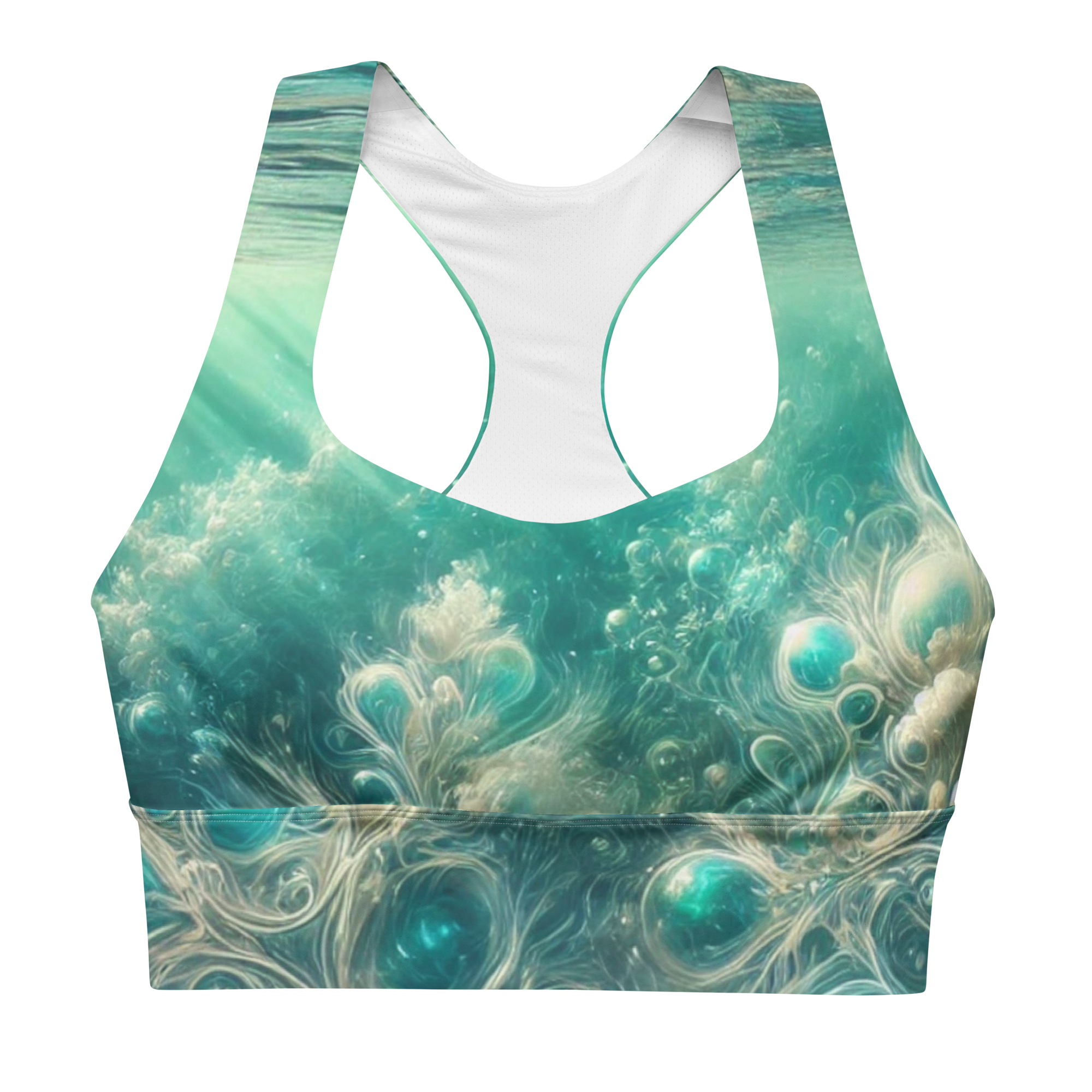 Turquoise Bahamian Waters Sports Bra inspired by the vibrant hues of the Bahamas. Front no model.