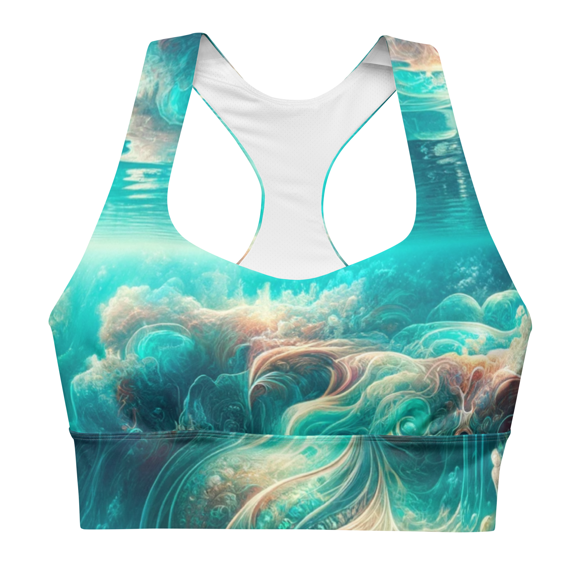 Bahamian Waters Surreal Sports Bra with rich ocean color unique and inspired by the vibrant waters of the Bahamas.  Front view no model.