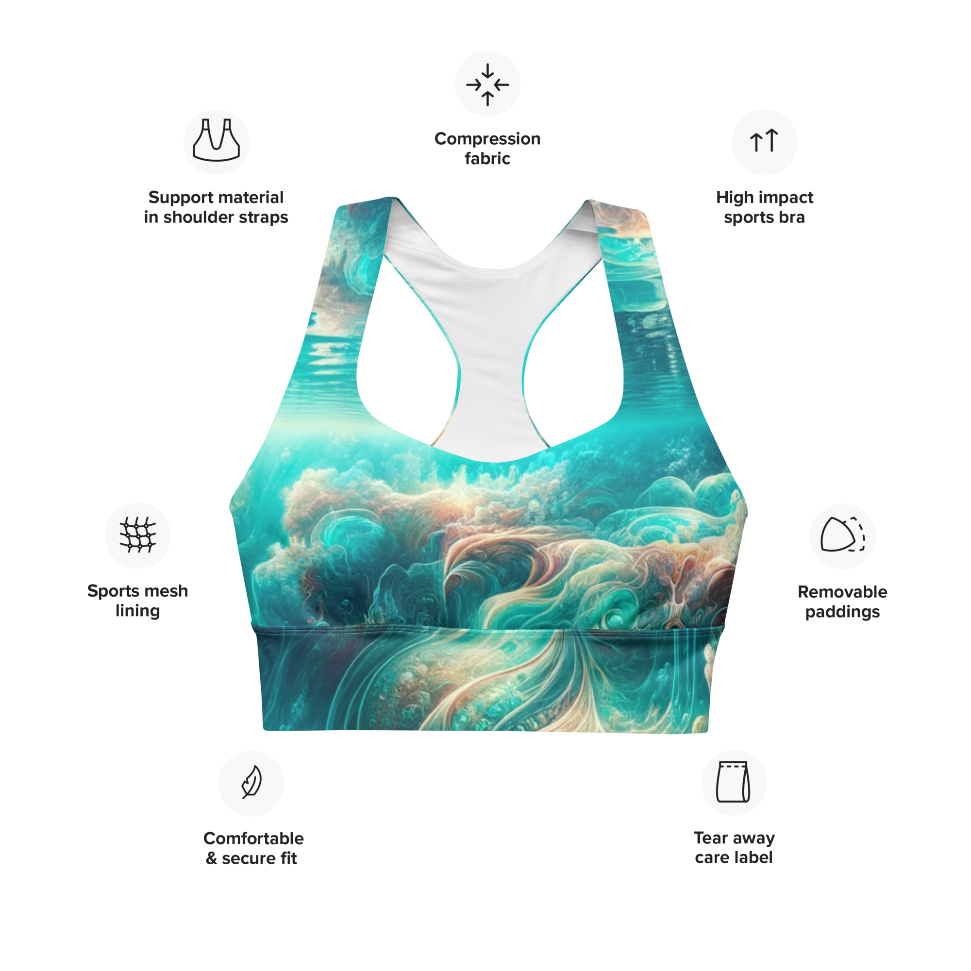 Bahamian Waters Surreal Sports Bra with rich ocean color unique and inspired by the vibrant waters of the Bahamas.  Front no model.