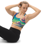 Radio Beach Surreal Style Sports Bra with a unique and vibrant ocean-inspired design. Front stretch.