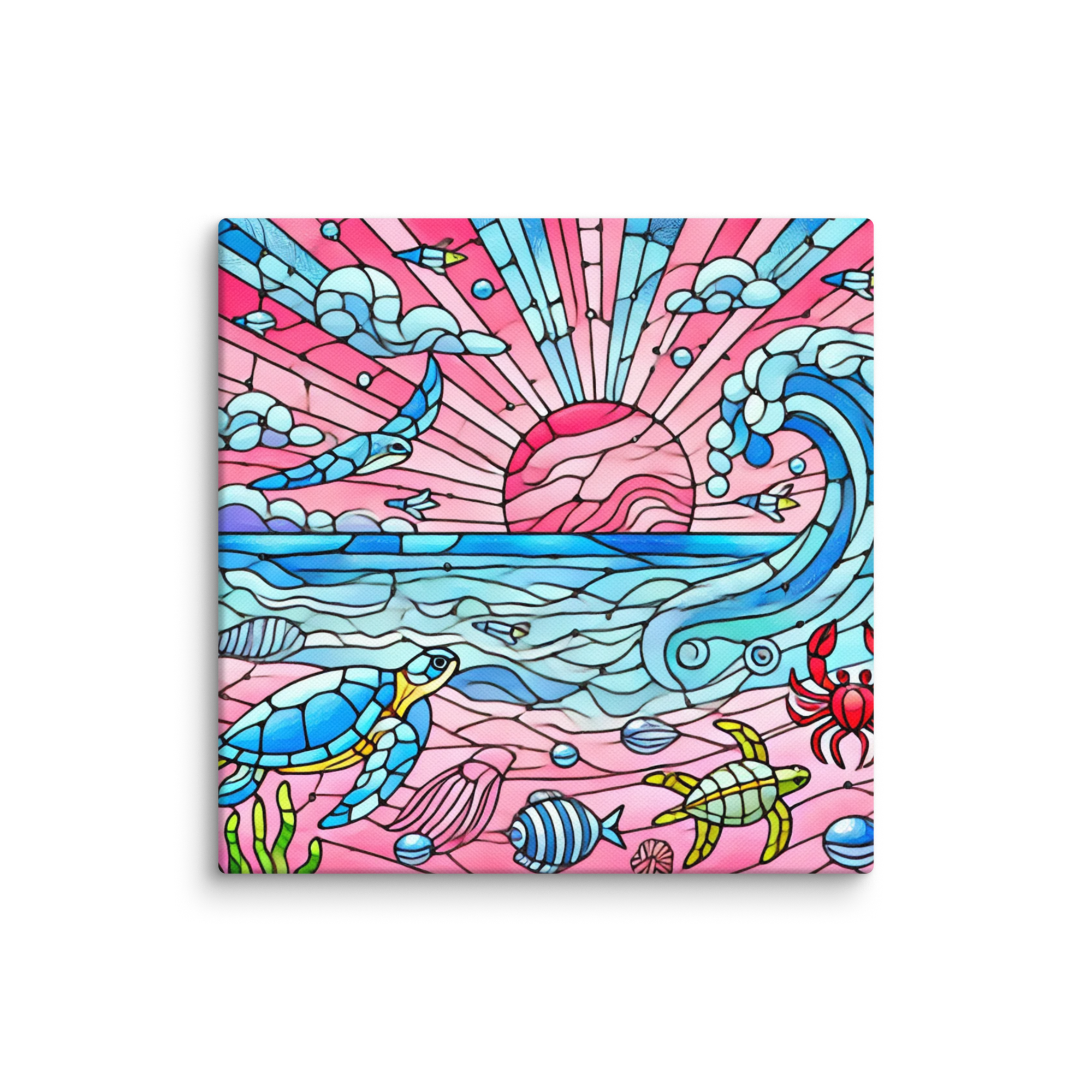 Stained Glass Pink Sand Beach Sea Creatures Canvas Wall Art 12x12 wall view