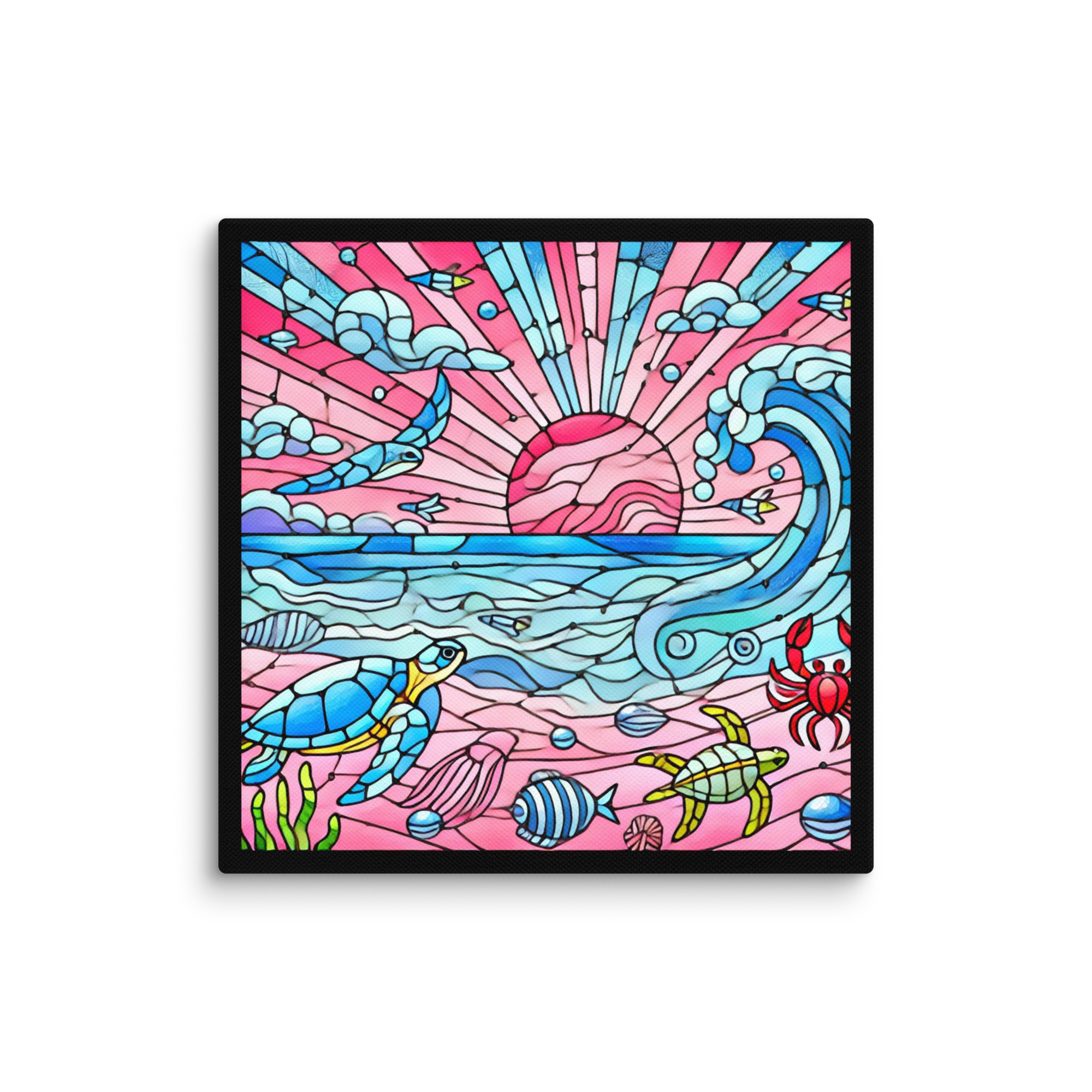 Stained Glass Pink Sand Beach Sea Creatures Canvas Wall Art 16x16 wall view