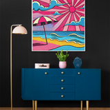 Pop Art Style Pink Sand Beach with Umbrella - Canvas Wall Art