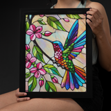 'Hummingbird with Flowers / Stained Glass Style' Canvas Wall Art