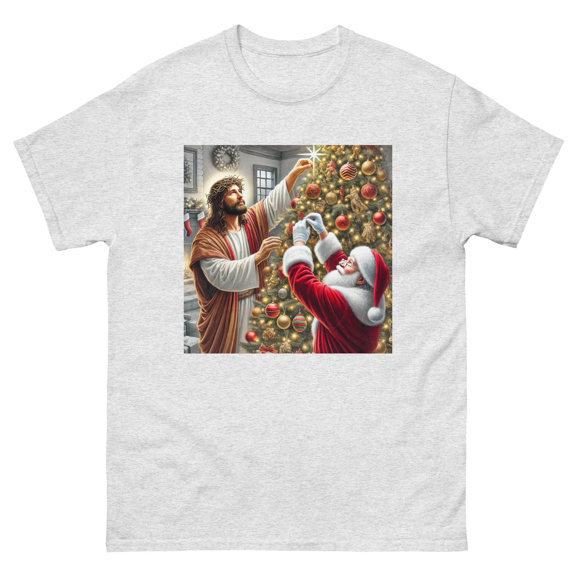 Santa and Jesus Decorating the Tree tee