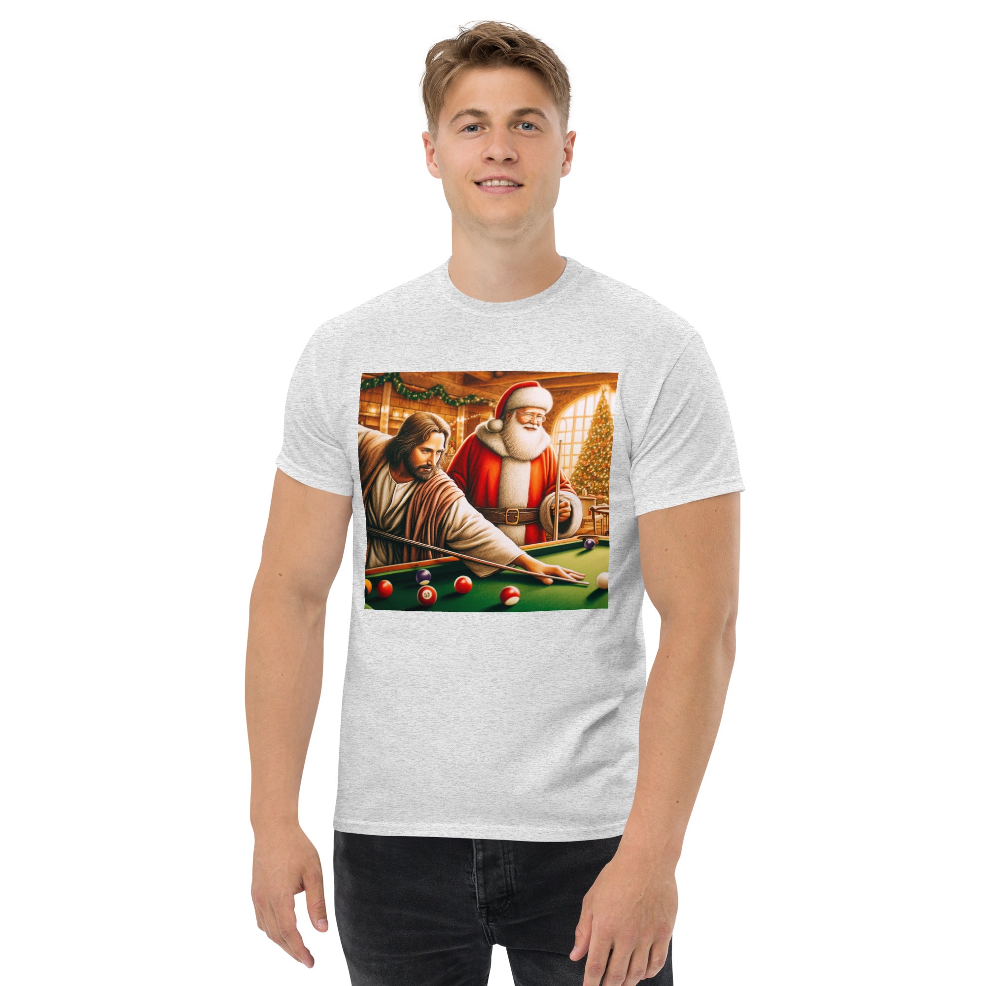 Santa and Jesus Shooting Pool tee