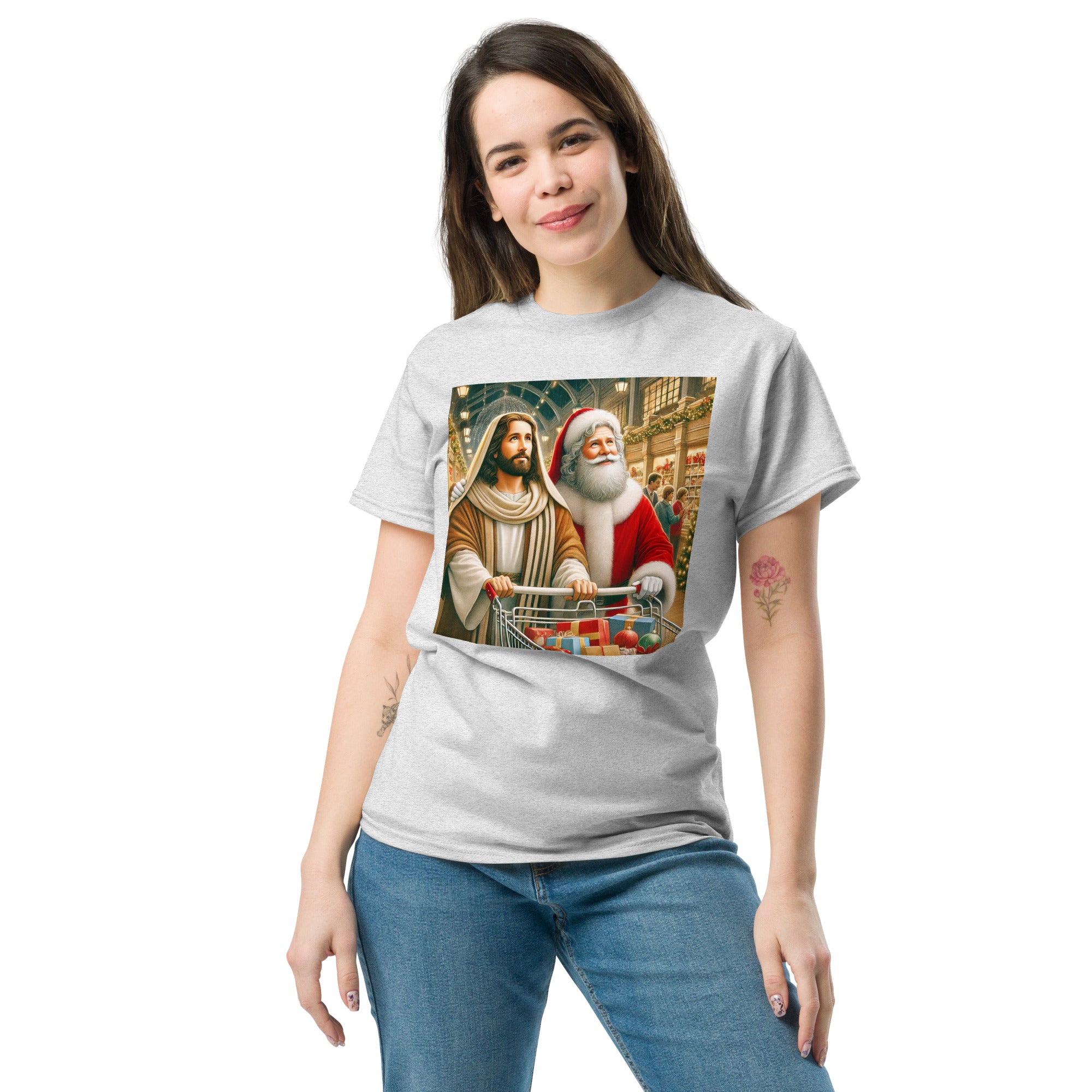 Santa and Jesus Christmas Shopping tee