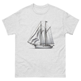 Gaff rig ketch sailboat line drawing t-shirt in ash, front view