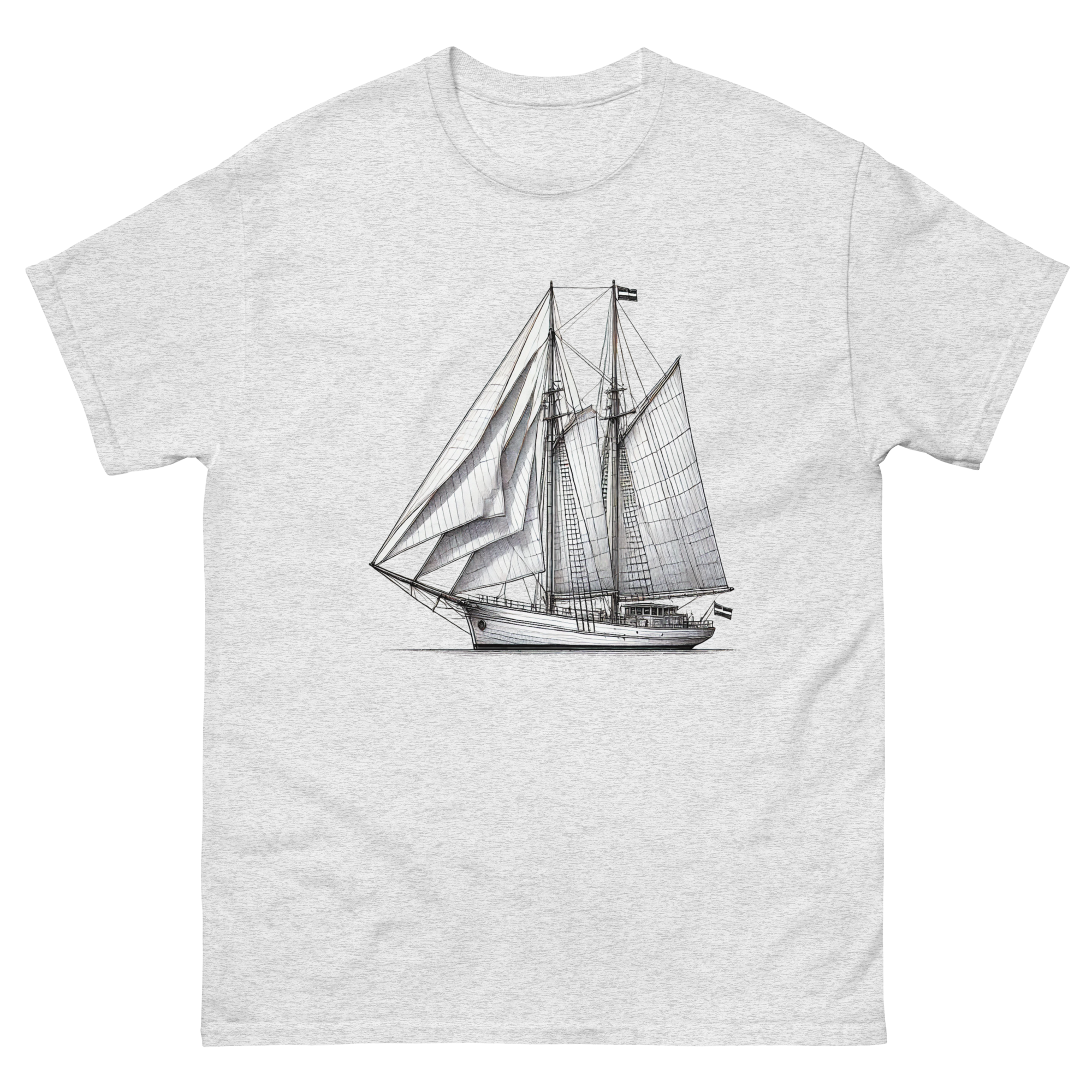 Gaff rig ketch sailboat line drawing t-shirt in ash, front view