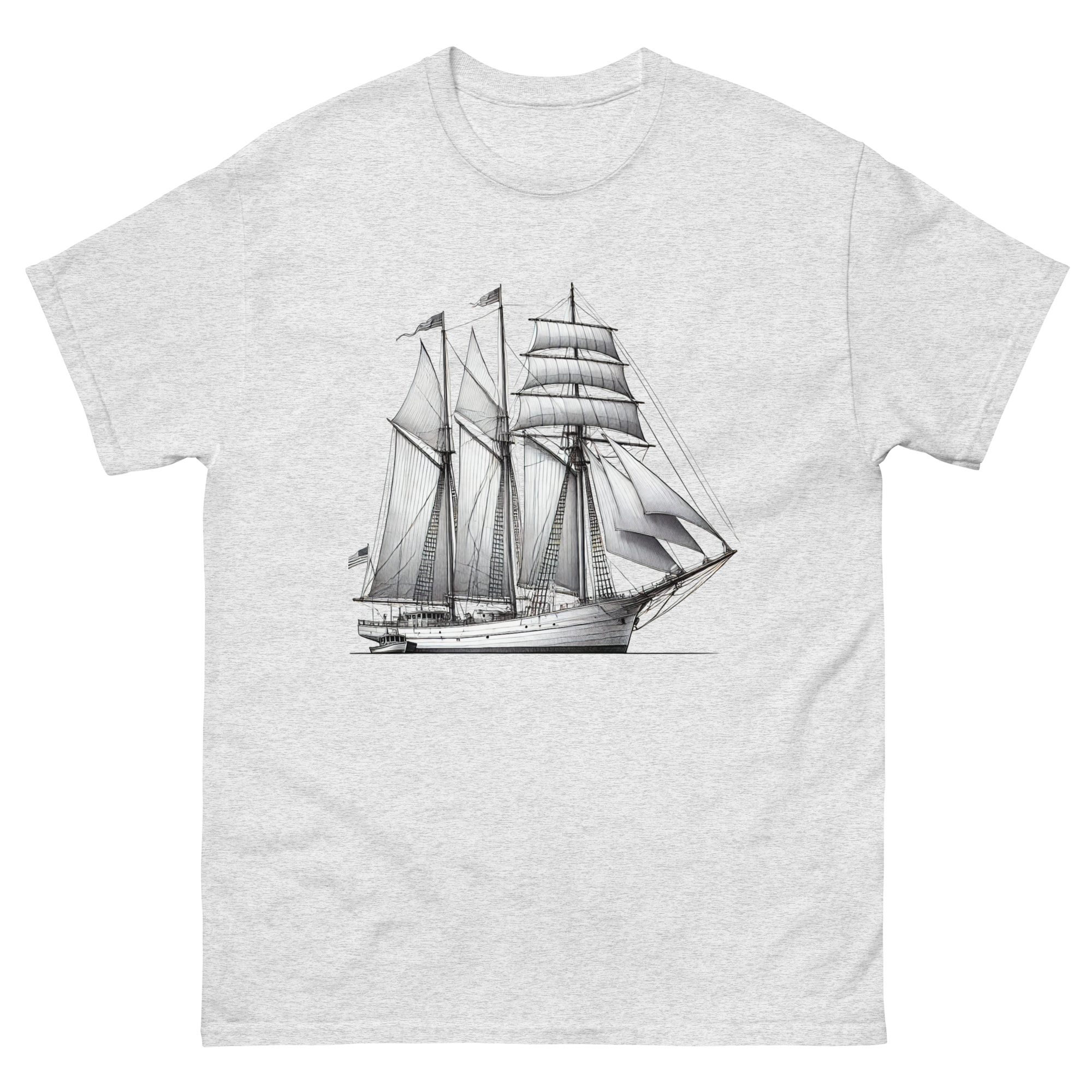 Schooner sailboat line drawing t-shirt in ash color, front view