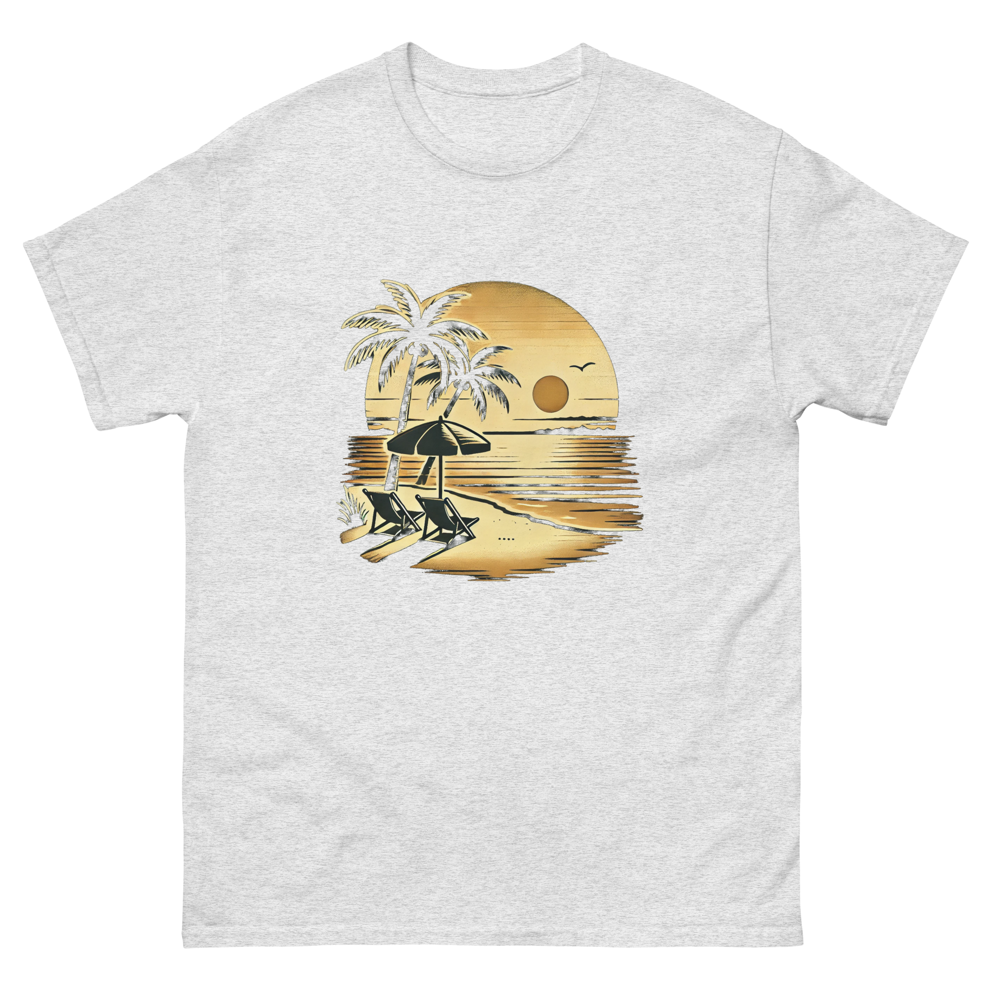 Beach serene scene at sunset t-shirt in ash color, front view