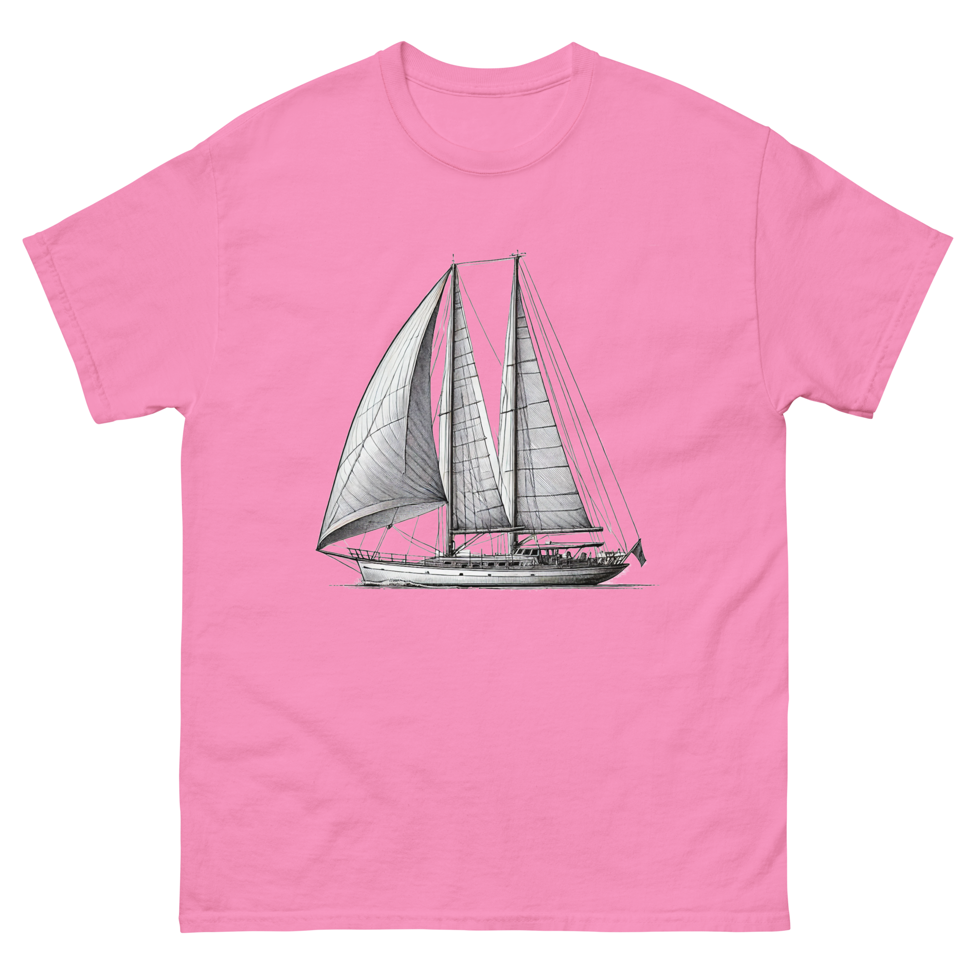 Ketch Sailboat Line Drawing T-Shirt in Azalea