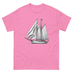 Gaff rig ketch sailboat line drawing t-shirt in azalea, front view