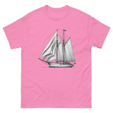 Gaff rig ketch sailboat line drawing t-shirt in azalea, front view