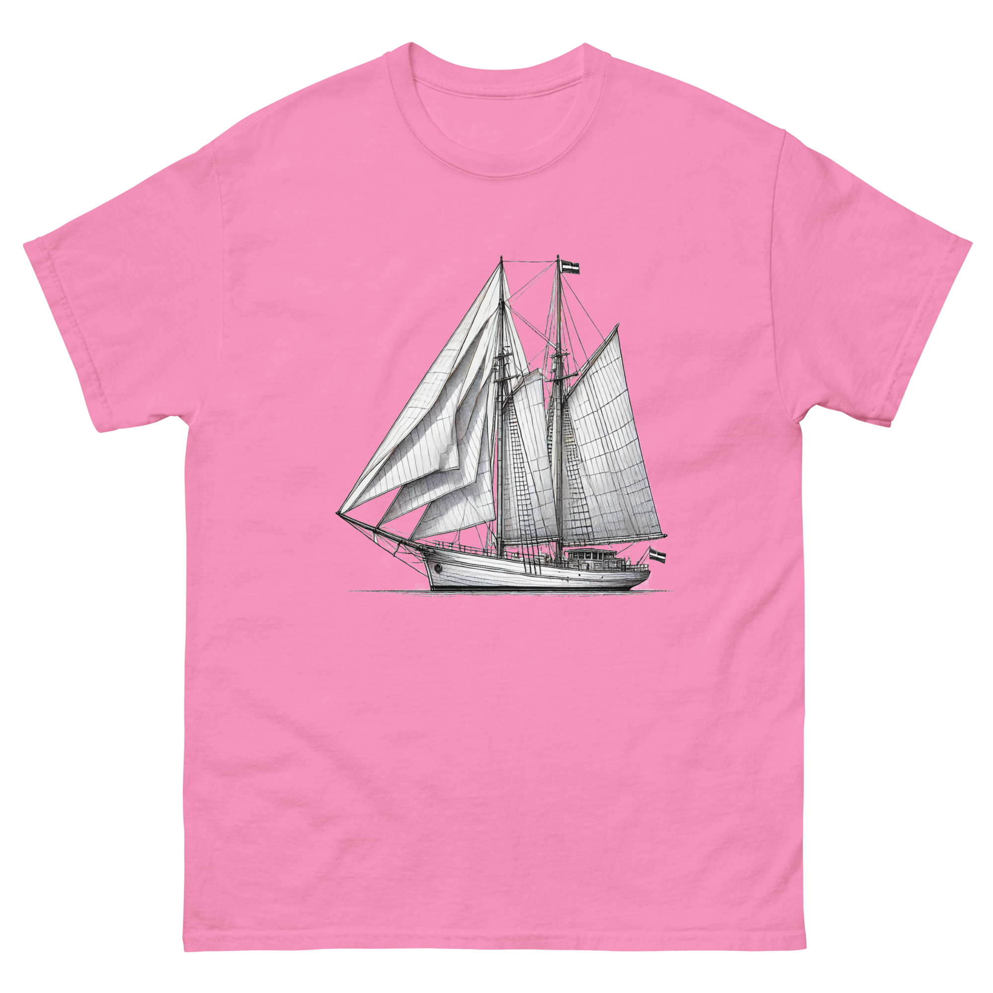 Gaff rig ketch sailboat line drawing t-shirt in azalea, front view