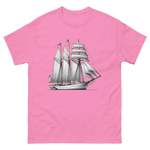 Schooner sailboat line drawing t-shirt in azalea color, front view