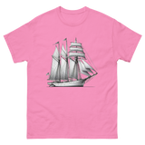 Schooner sailboat line drawing t-shirt in azalea color, front view