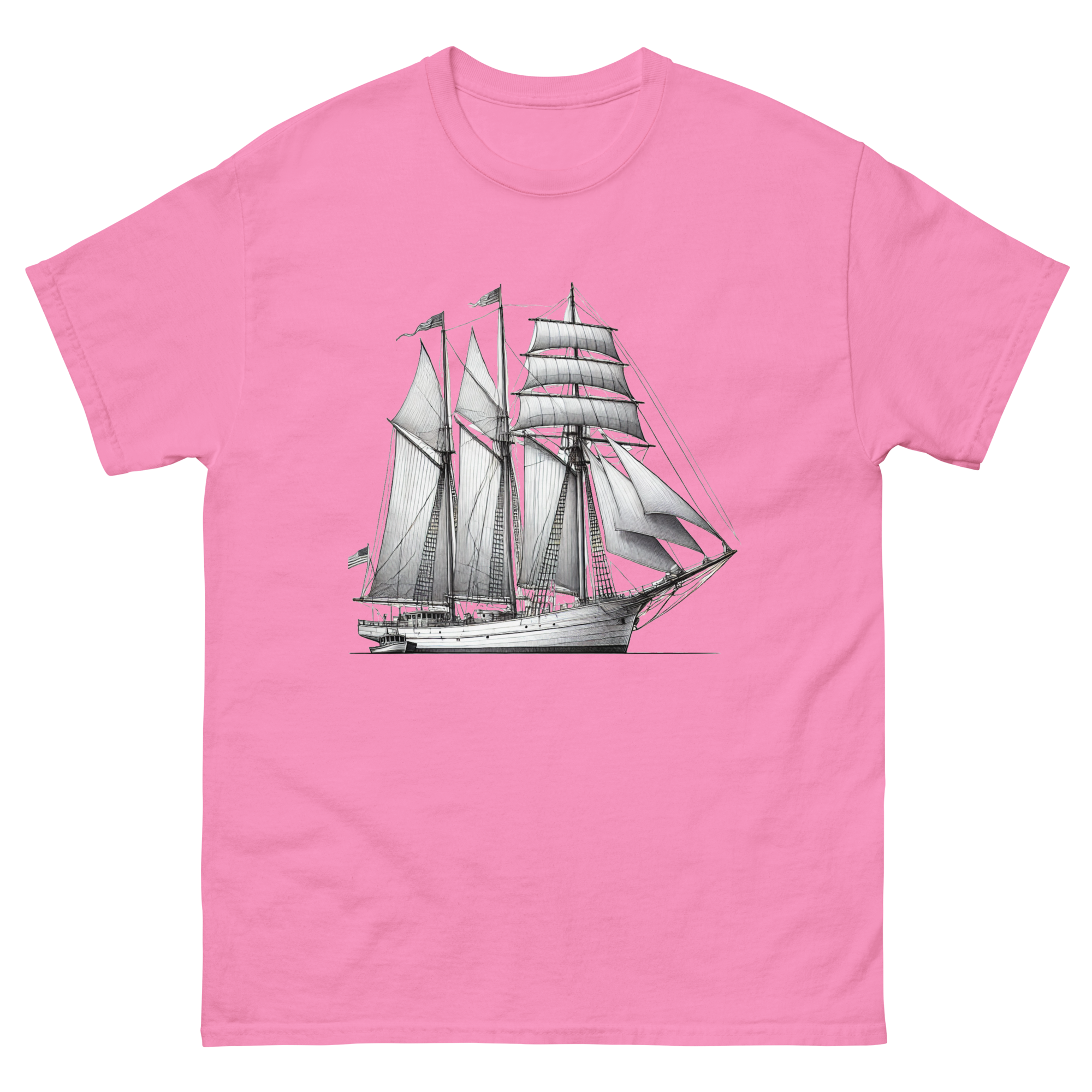 Schooner sailboat line drawing t-shirt in azalea color, front view