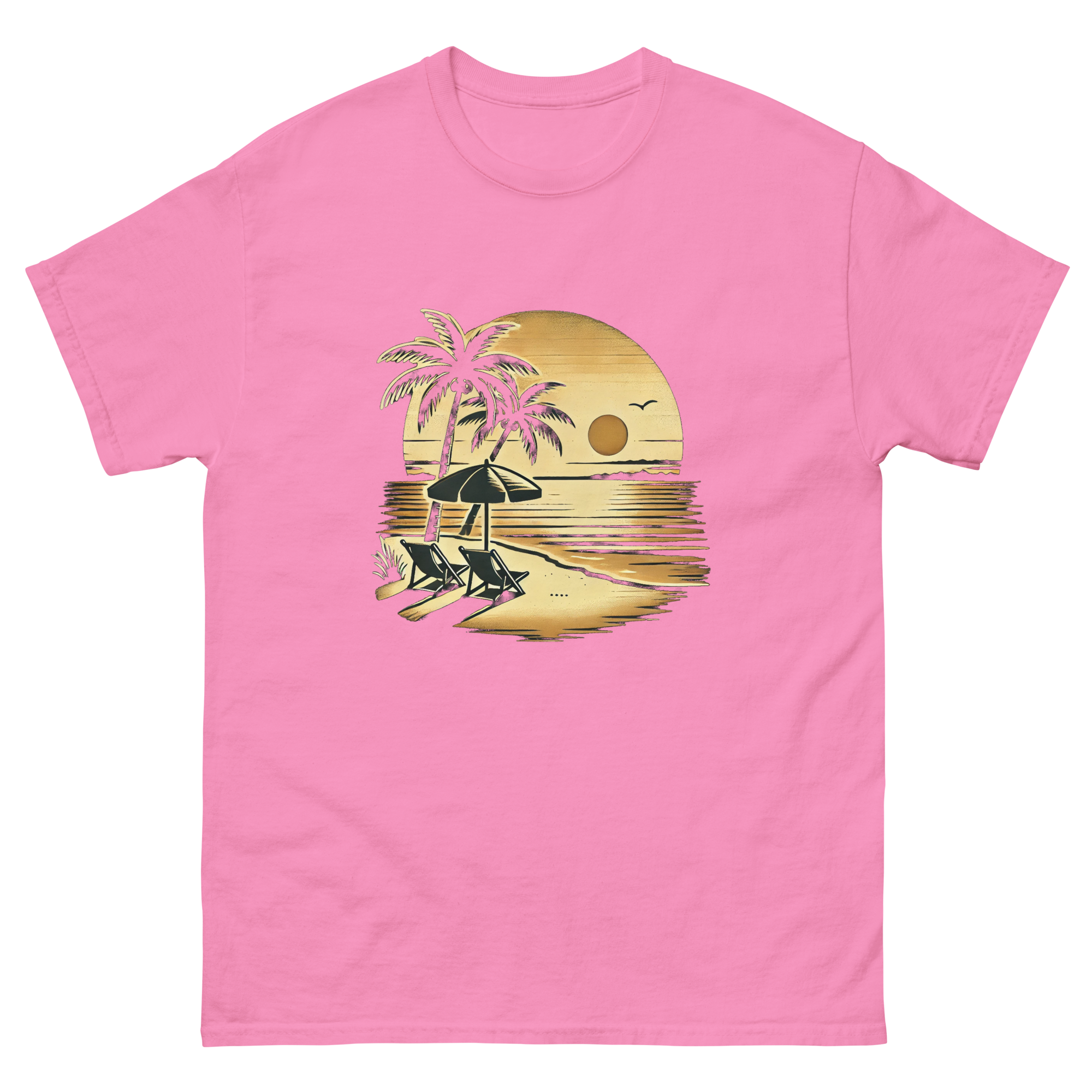 Beach serene scene at sunset t-shirt in azalea color, front view