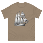 Schooner sailboat line drawing t-shirt in brown savana color, front view