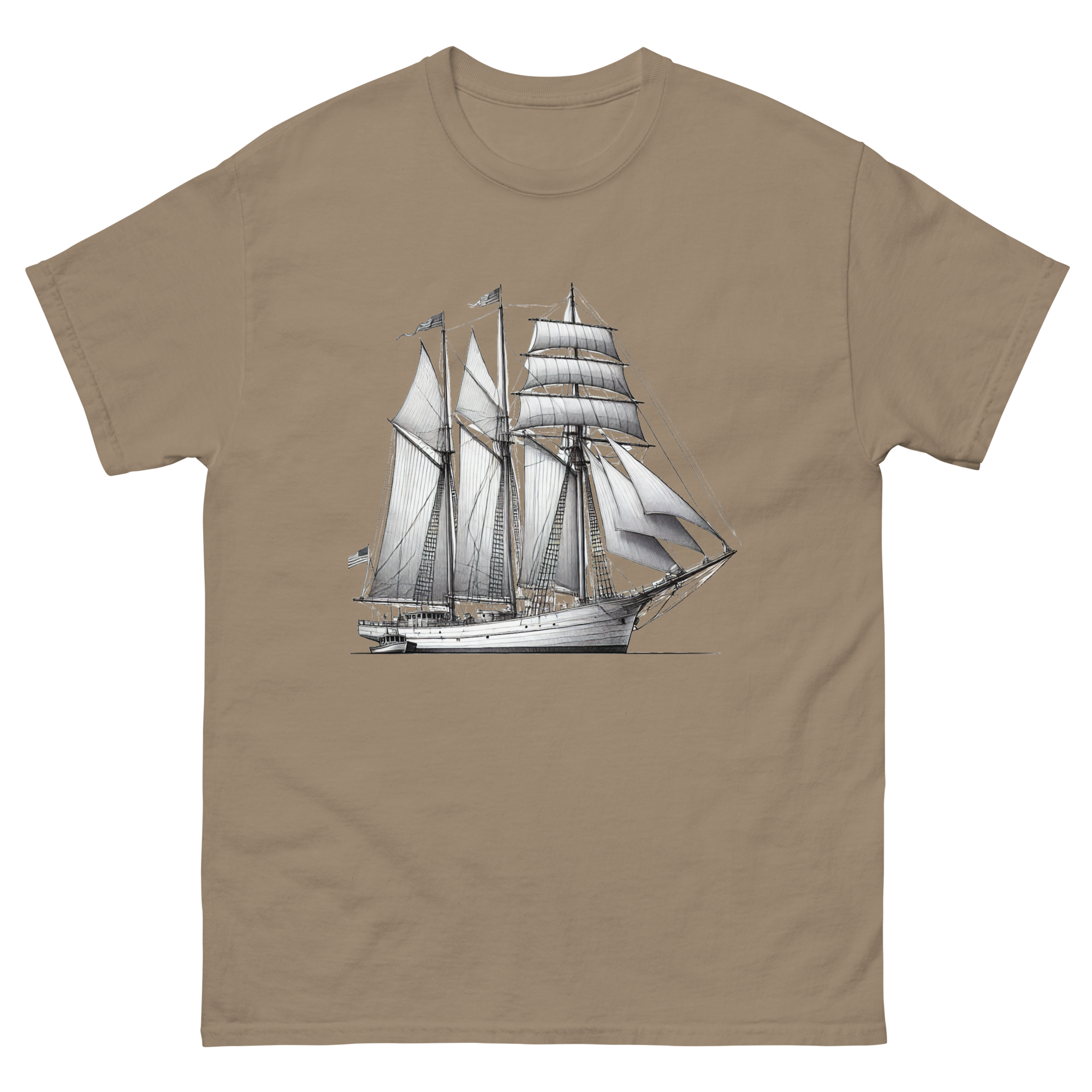 Schooner sailboat line drawing t-shirt in brown savana color, front view