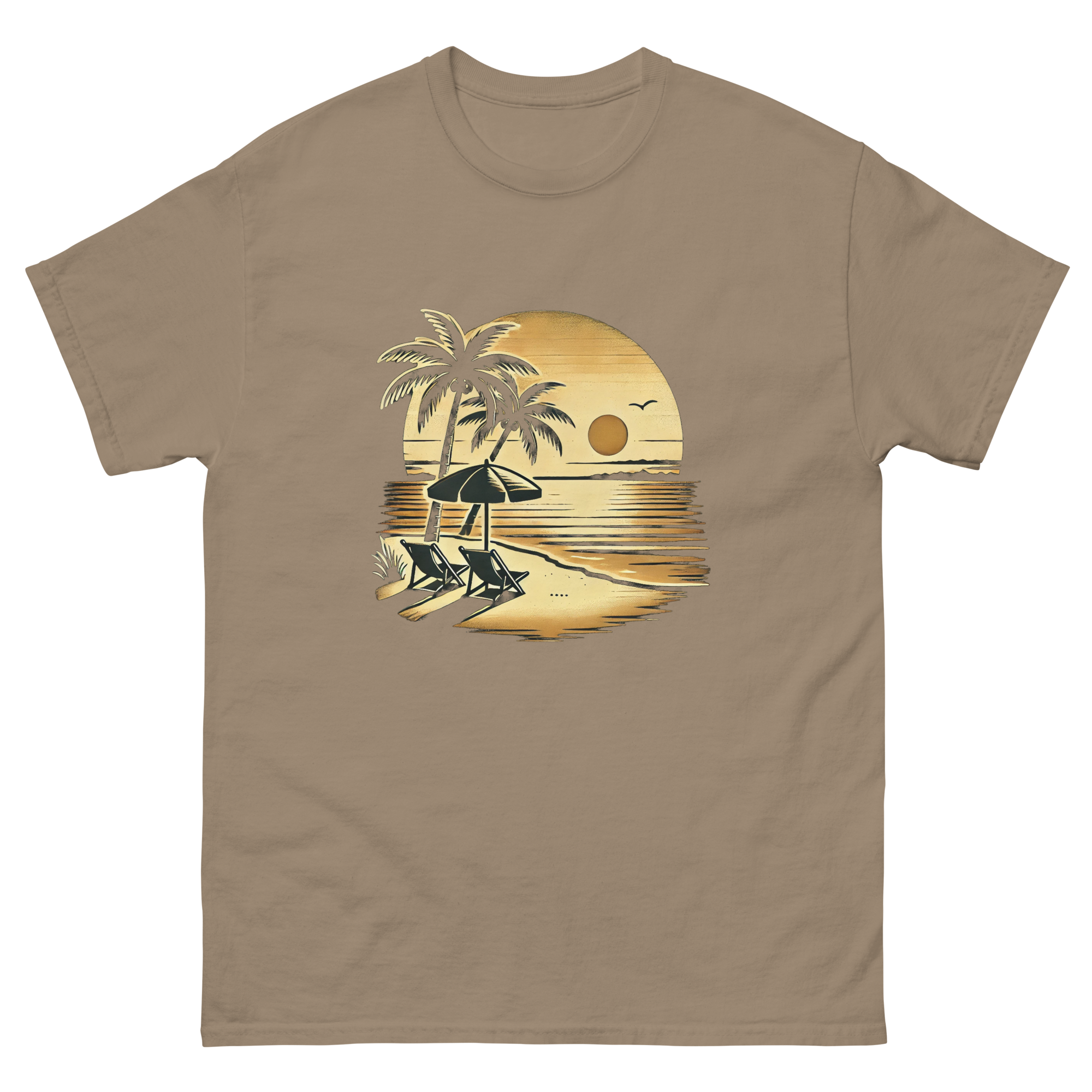 Beach serene scene at sunset t-shirt in brown savana color, front view