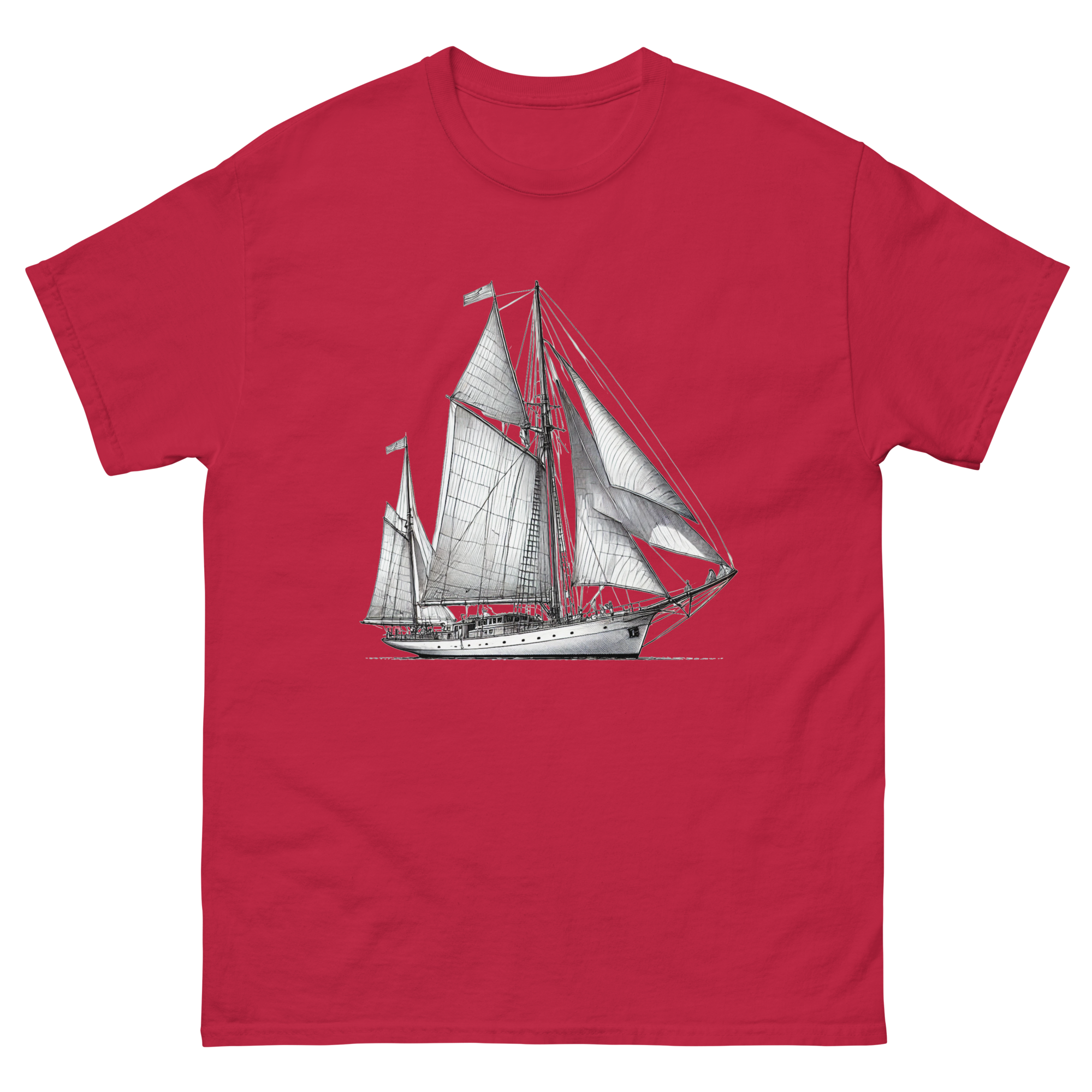 Cutter Rig Yawl Sailboat Line Drawing T-Shirt in Cardinal