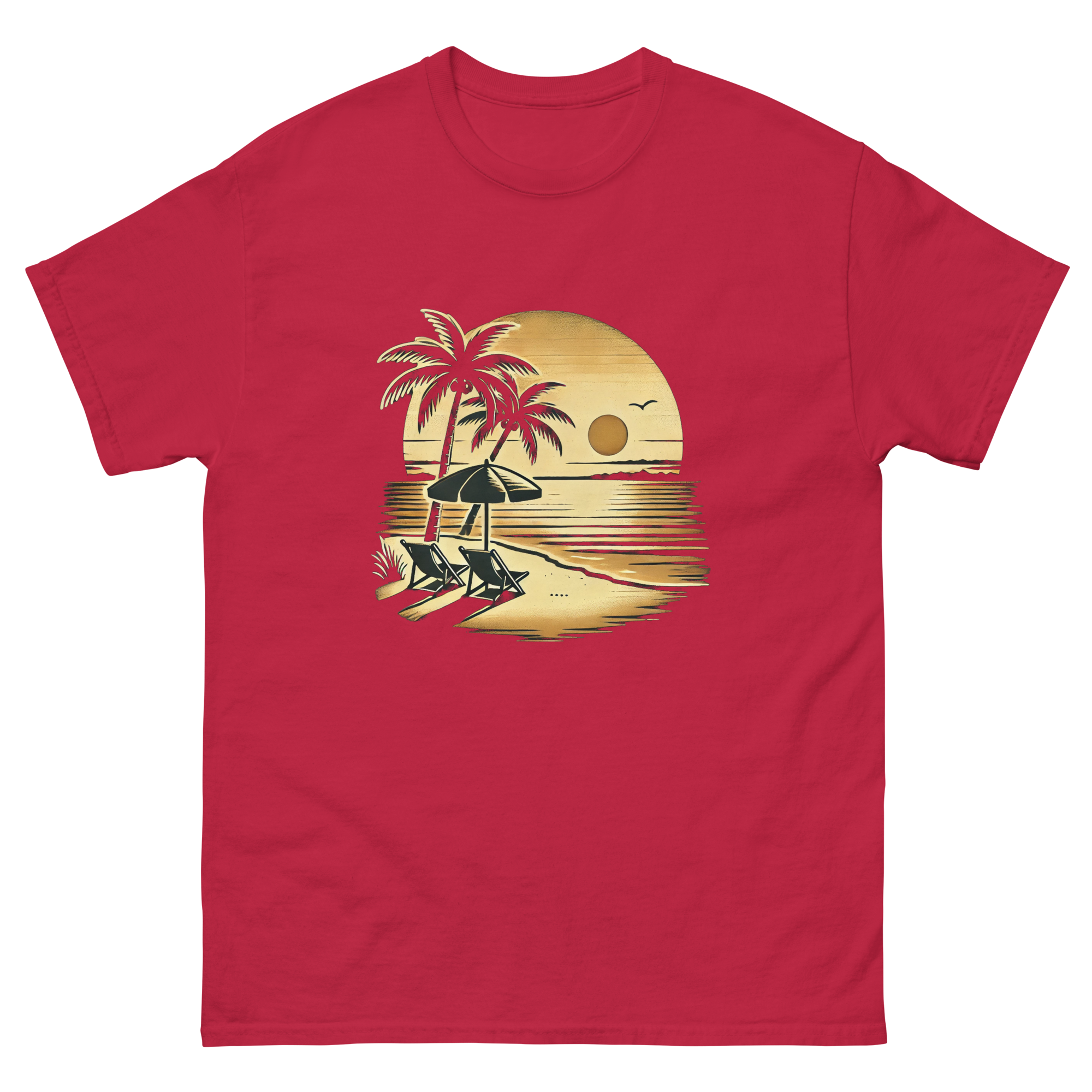 Beach serene scene at sunset t-shirt in cardinal color, front view