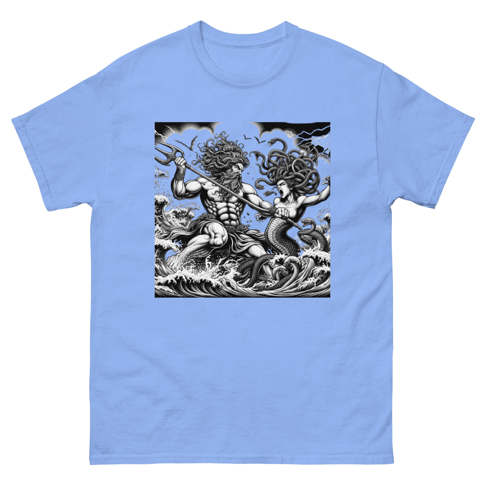 Poseidon Battling Medusa T-Shirt in Carolina Blue