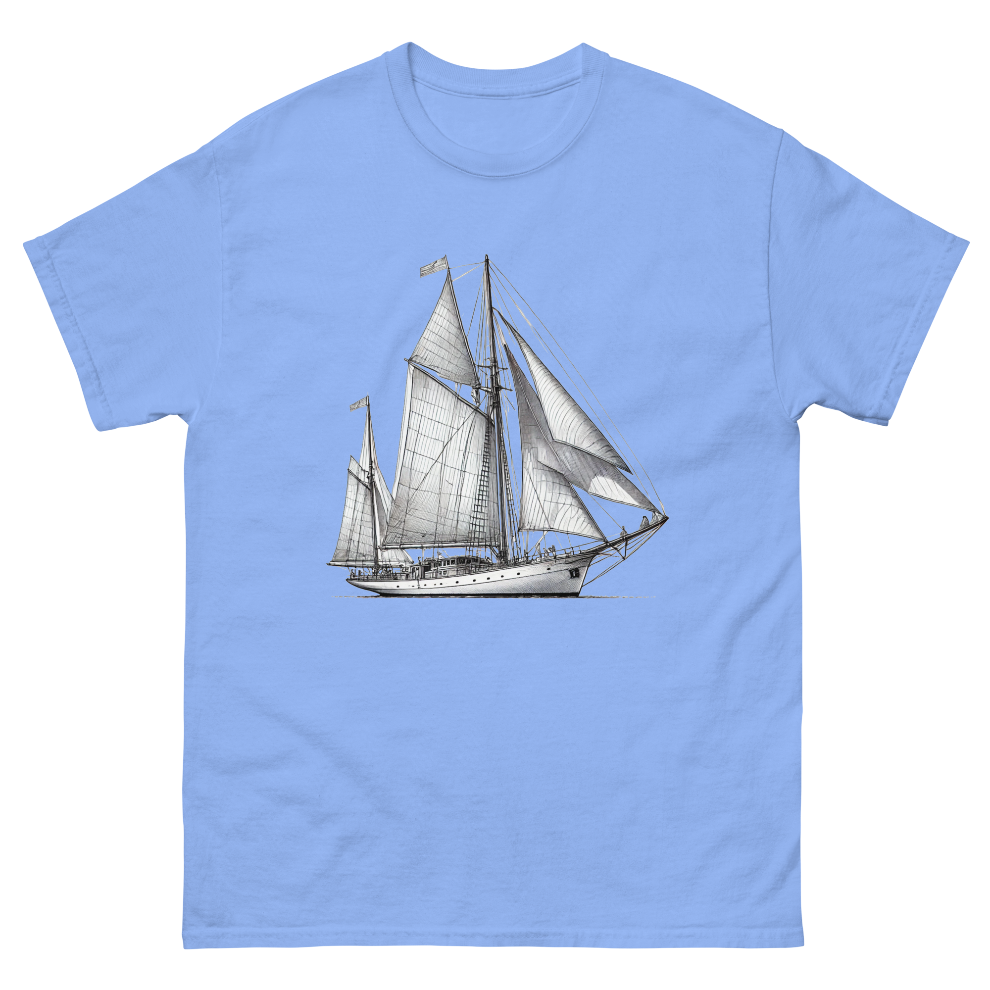 Cutter Rig Yawl Sailboat Line Drawing T-Shirt in Carolina Blue