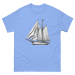 Gaff rig ketch sailboat line drawing t-shirt in Carolina blue, front view