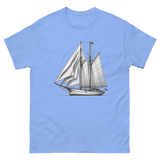 Gaff rig ketch sailboat line drawing t-shirt in Carolina blue, front view