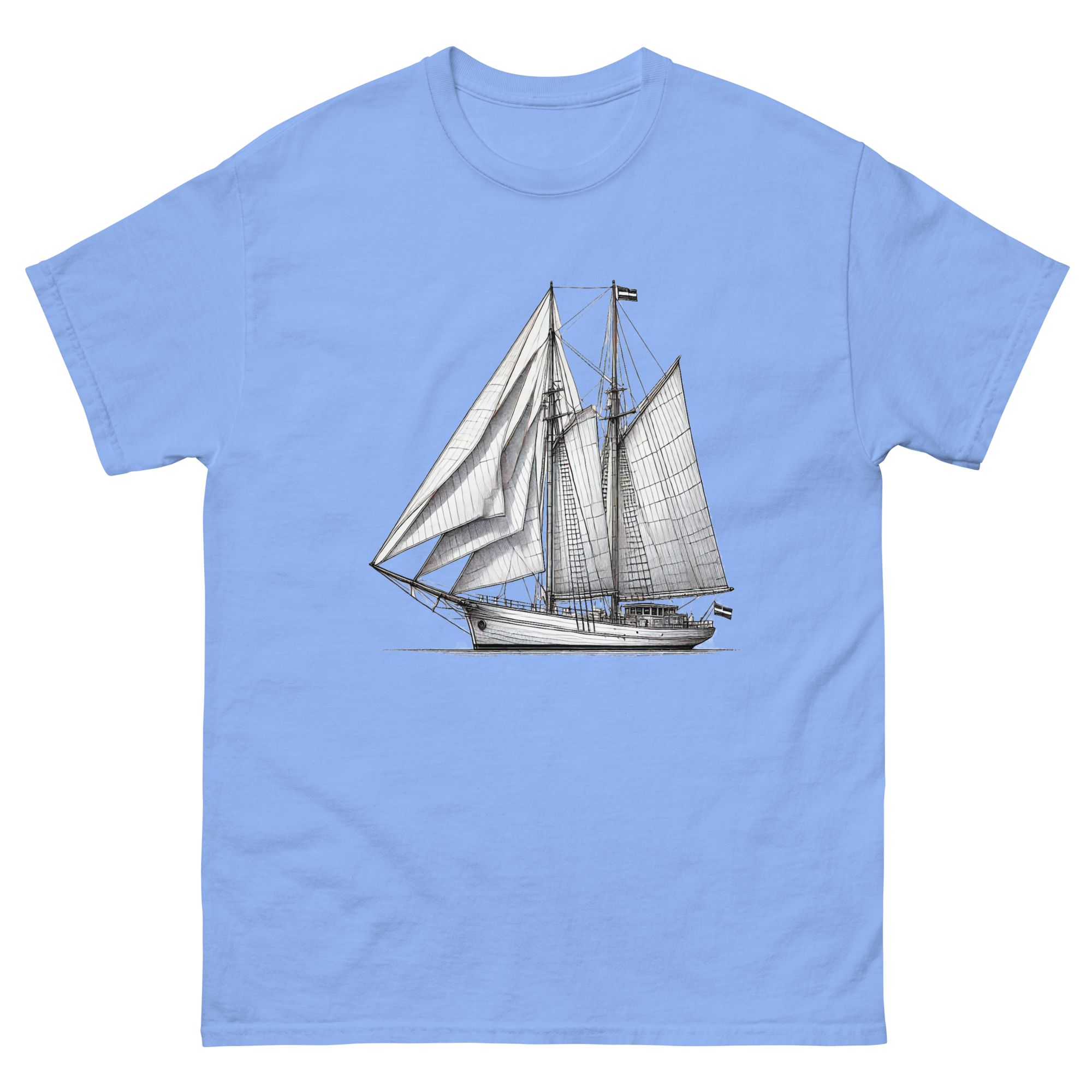 Gaff rig ketch sailboat line drawing t-shirt in Carolina blue, front view