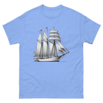 Schooner sailboat line drawing t-shirt in Carolina blue color, front view