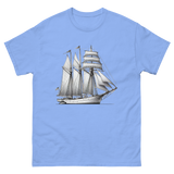 Schooner sailboat line drawing t-shirt in Carolina blue color, front view