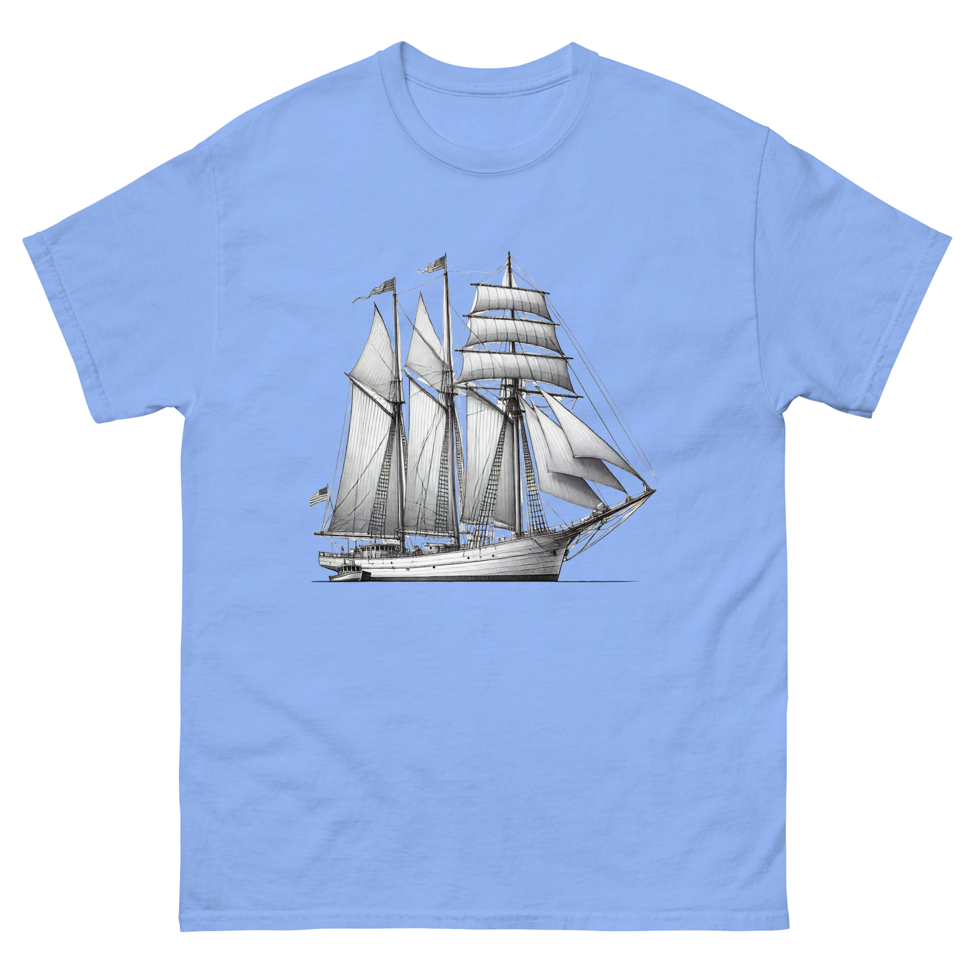 Schooner sailboat line drawing t-shirt in Carolina blue color, front view