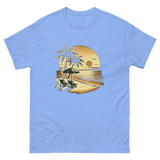 Beach serene scene at sunset t-shirt in Carolina blue color, front view