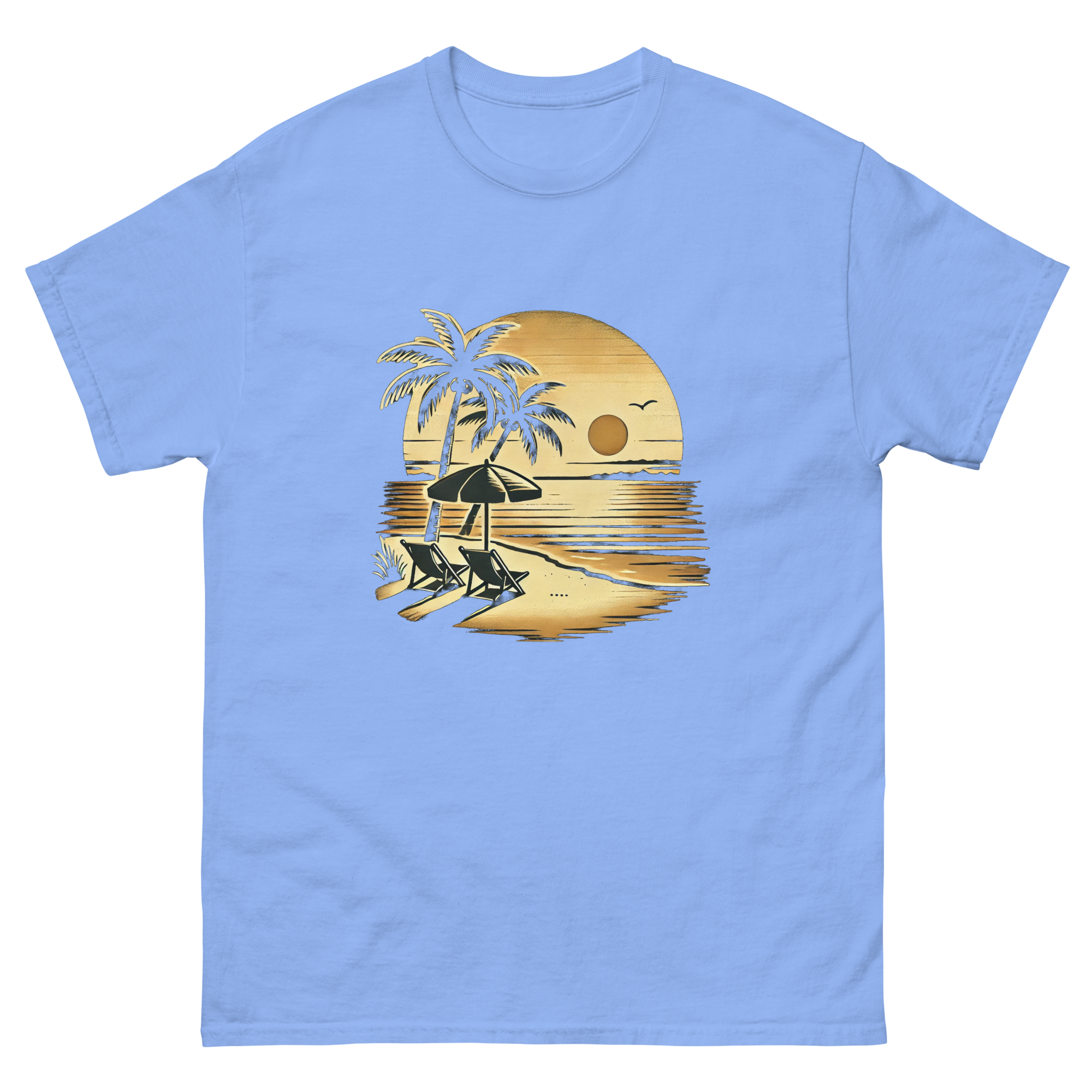 Beach serene scene at sunset t-shirt in Carolina blue color, front view