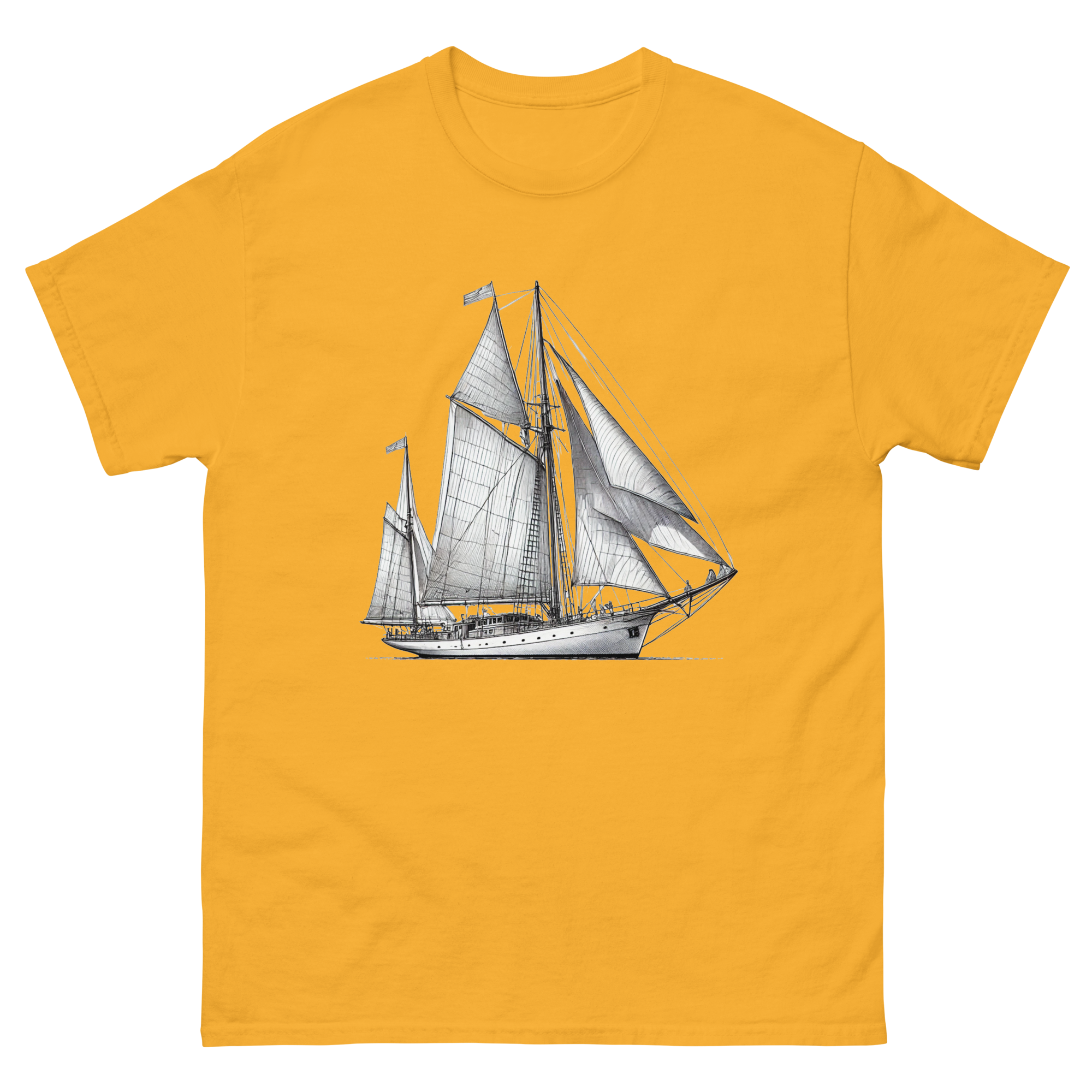 Cutter Rig Yawl Sailboat Line Drawing T-Shirt in Gold