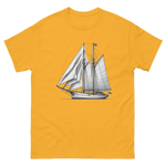 Gaff rig ketch sailboat line drawing t-shirt in gold, front view