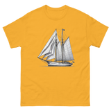 Gaff rig ketch sailboat line drawing t-shirt in gold, front view