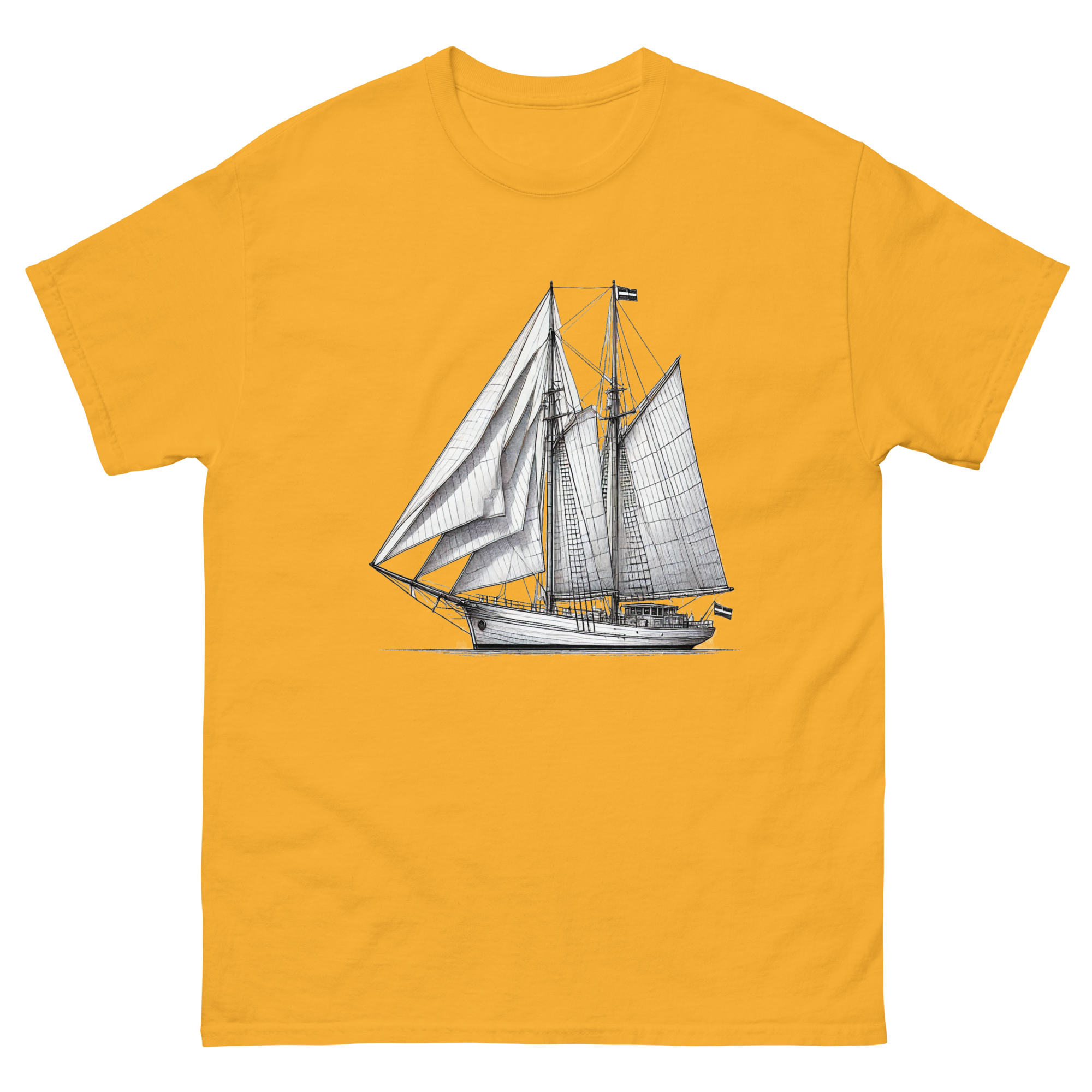 Gaff rig ketch sailboat line drawing t-shirt in gold, front view