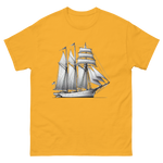 Schooner sailboat line drawing t-shirt in gold color, front view